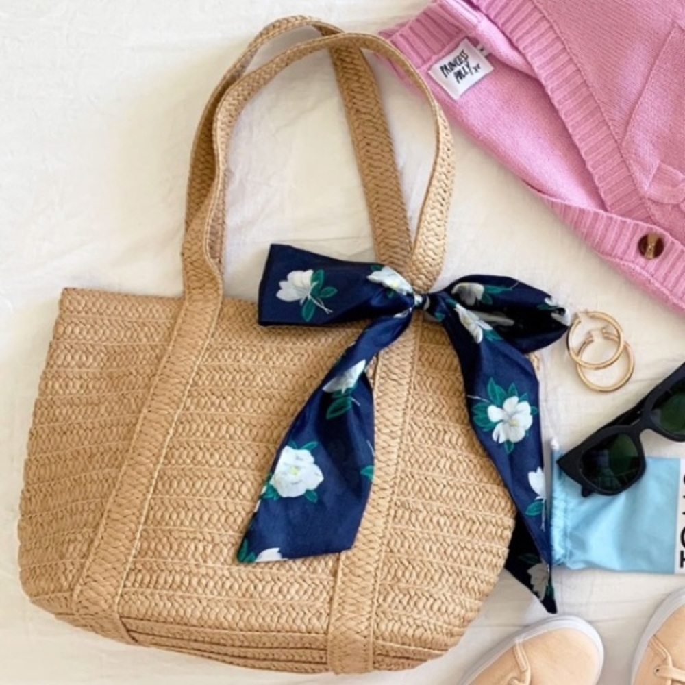 Draper James Straw Tote Bag with Blue Tie